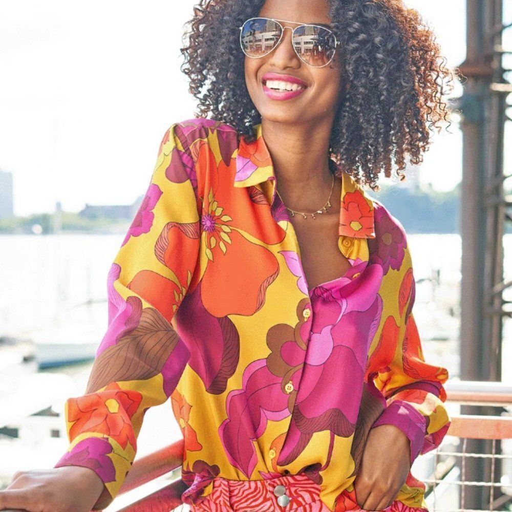 Tucker Brooklyn Button Down Shirt Lime Retro Floral in Silk Stretch Charmeuse